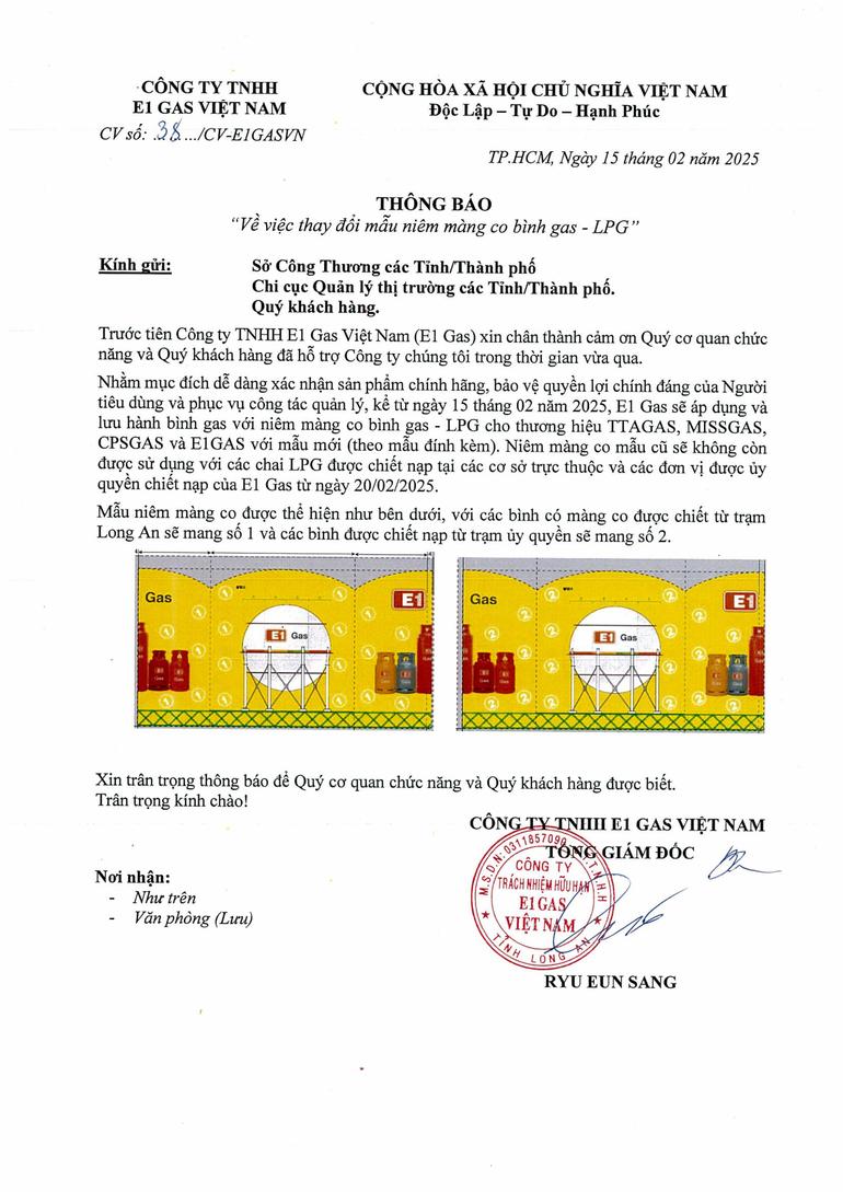 THÔNG BÁO THAY ĐỔI NIÊM MÀNG CO LPG